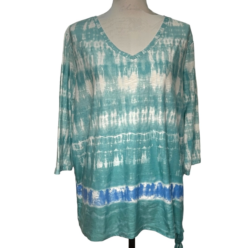 Coral Bay‎ Beach Tie Dye V-neck Long Sleeve Lightweight Blouse Side Tie Vacation
